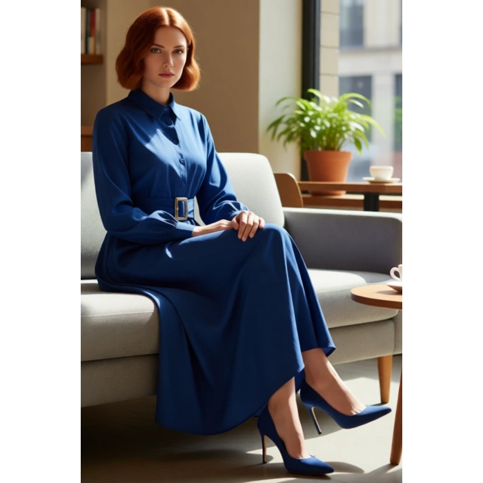 Kadın Tesettür Giyim Dokuma Kumaş Uzun Kollu Kuşaklı Maxi Boy Gömlek Elbise İş ve Özel Davetler İçin