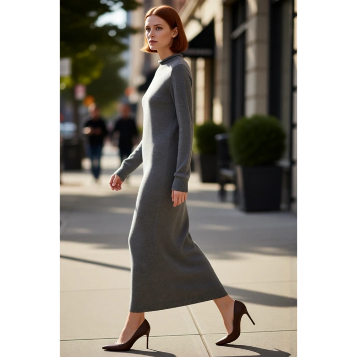 Kadın Tesettür Kışlık Triko Maxi Elbise Dik Yaka Düz Desen Uzun Standart Kol Rahat Shift Kalıp