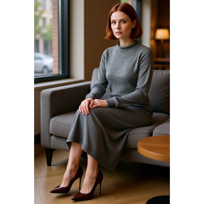 Kadın Tesettür Kışlık Triko Maxi Elbise Dik Yaka Düz Desen Uzun Standart Kol Rahat Shift Kalıp