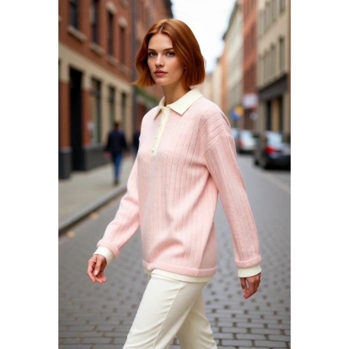 Kadın Tesettür Pembe Regular Kalıp Ribana Kaşkorse Polo Yaka Düşük Kol Triko Kazak Kaliteli