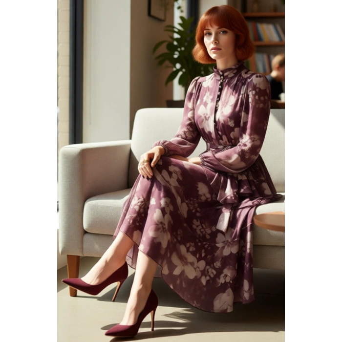 Kadın Tesettür Şifon Dokuma Çiçek Desenli Dik Yaka Astarlı Balon Kol Maxi Elbise Tüm Sezonlar İçin