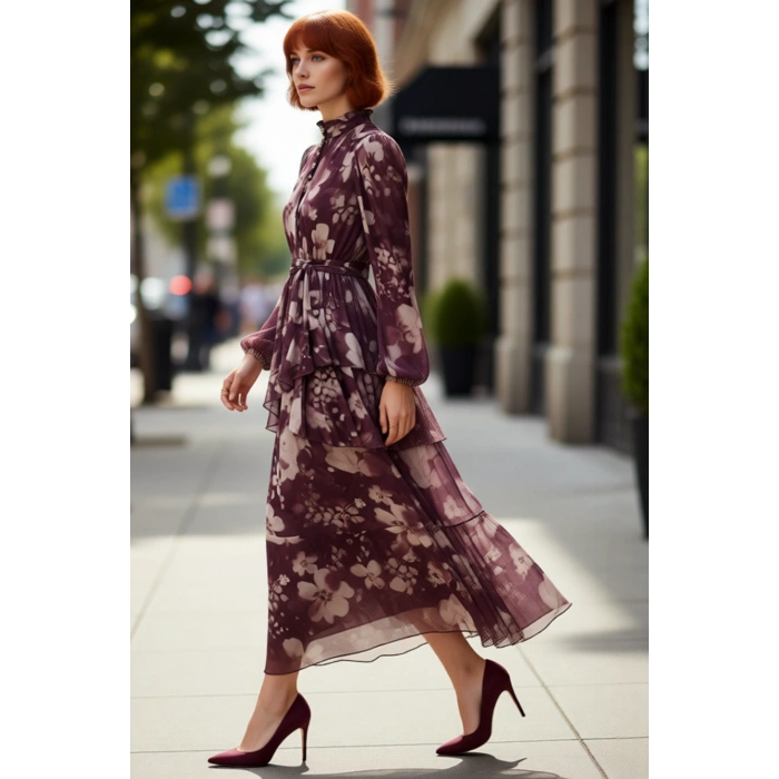 Kadın Tesettür Şifon Dokuma Çiçek Desenli Dik Yaka Astarlı Balon Kol Maxi Elbise Tüm Sezonlar İçin