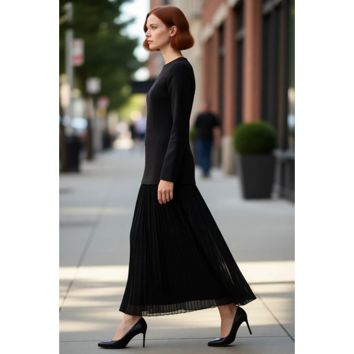 Kadın Tesettür Şık Siyah Maxi Boy Dokuma Elbise Bisiklet Yaka Uzun Standart Kol Gece Kombinleri