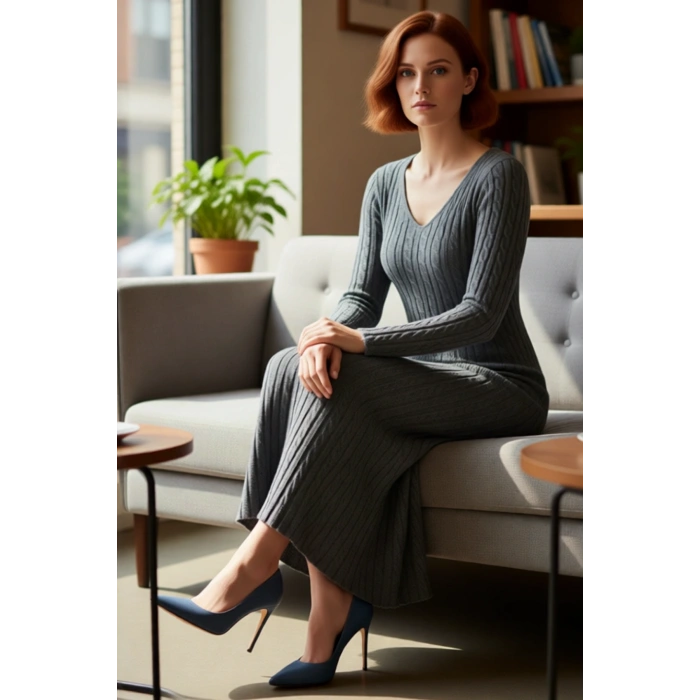 Kadın Triko A Line Saç Örgü Desenli V Yaka Maxi Elbise Uzun Kol Kışlık Günlük Şık ve Rahat Kombinler