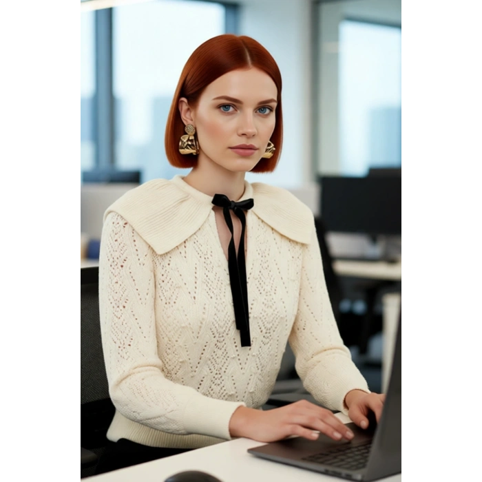 Kadın Triko Ajurlu İnci Detaylı Fular Yaka Kazak Regular Kalıp Uzun Kol Günlük Ve Konforlu Giyim