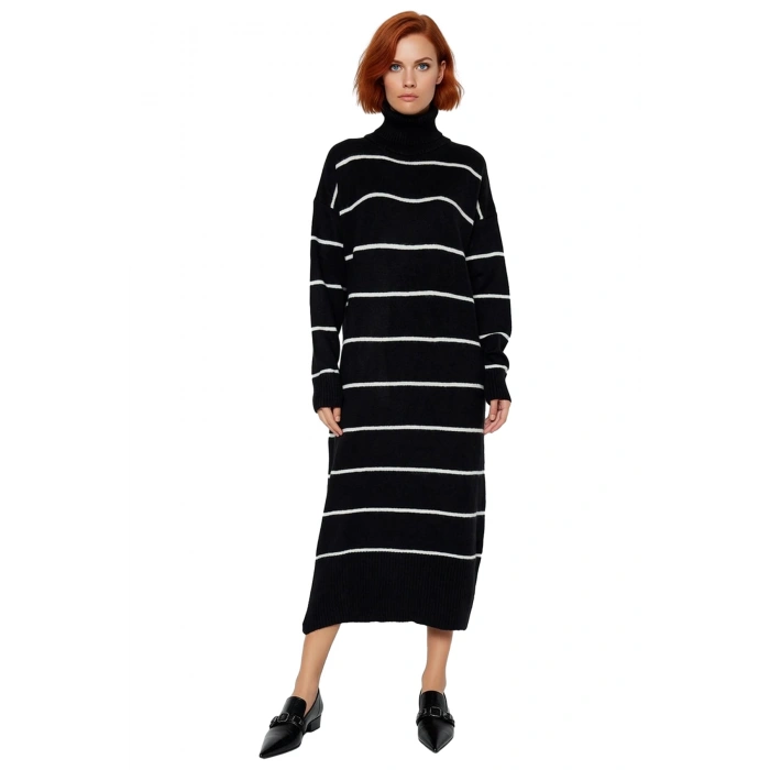 Kadın Triko Balıkçı Yaka Midi Boy Çizgili Düşük Kol Rahat Kalıp Elbise Günlük Şıklık Kaliteli