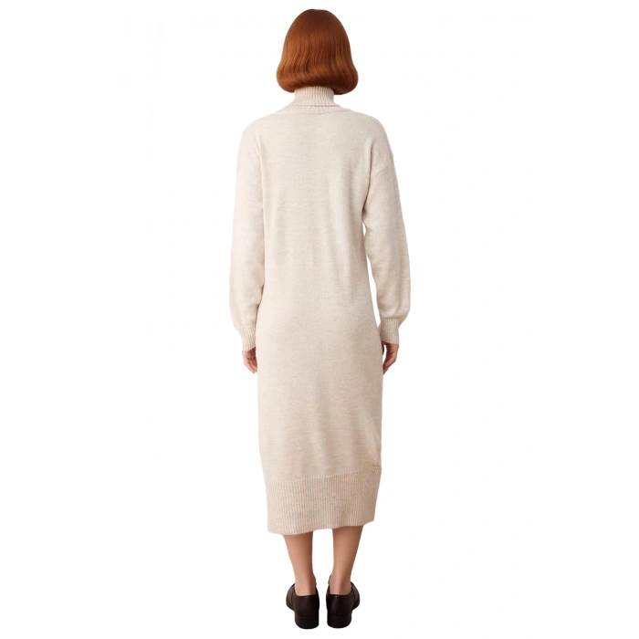 Kadın Triko Balıkçı Yaka Midi Boy Çizgili Düşük Kol Rahat Kalıp Elbise Günlük Şıklık Kaliteli