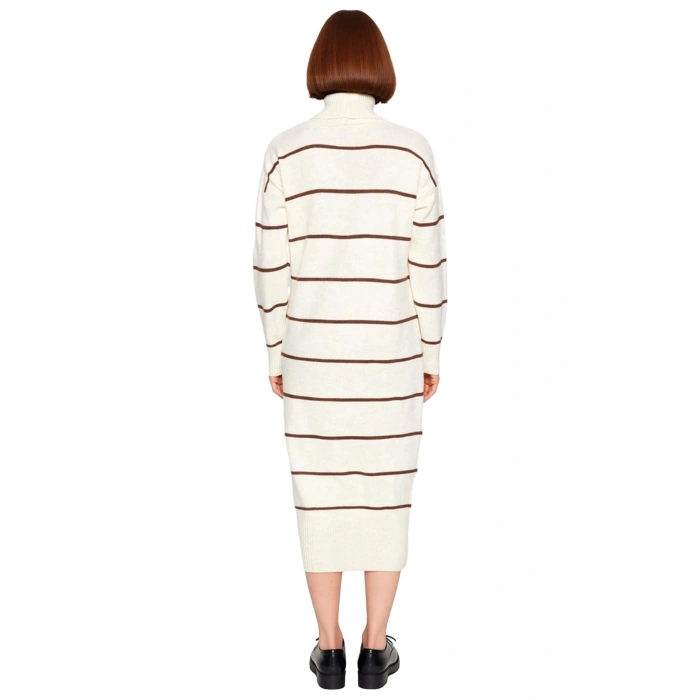 Kadın Triko Balıkçı Yaka Midi Boy Çizgili Düşük Kol Rahat Kalıp Elbise Günlük Şıklık Kaliteli