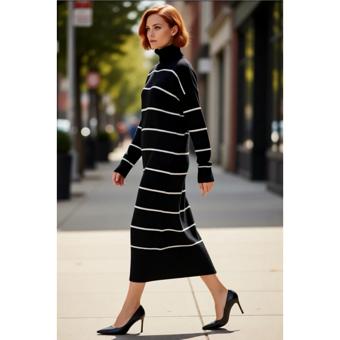 Kadın Triko Balıkçı Yaka Midi Boy Çizgili Düşük Kol Rahat Kalıp Elbise Günlük Şıklık Kaliteli