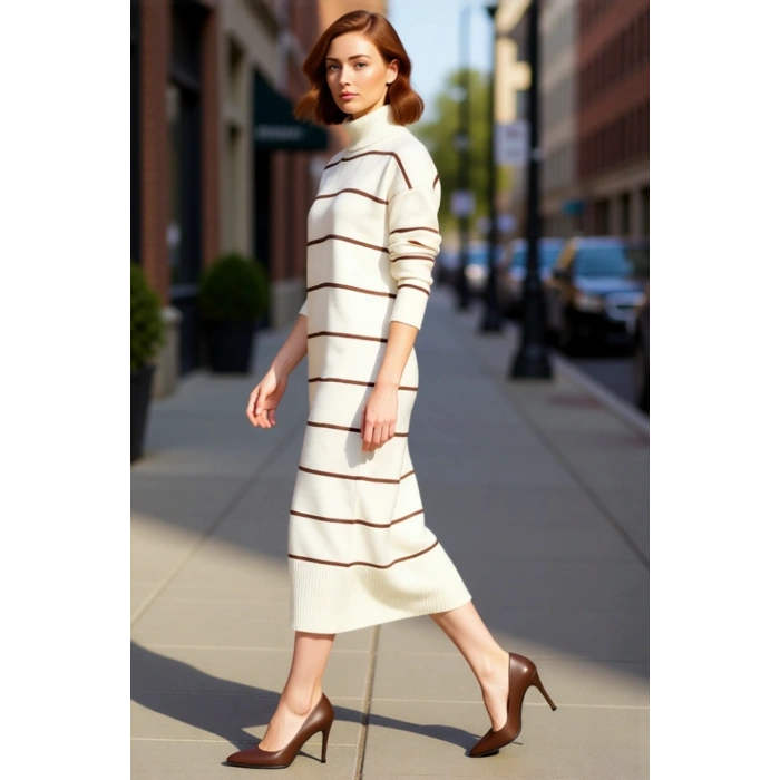 Kadın Triko Balıkçı Yaka Midi Boy Çizgili Düşük Kol Rahat Kalıp Elbise Günlük Şıklık Kaliteli