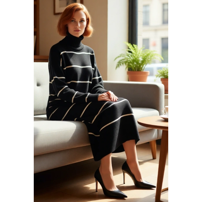 Kadın Triko Balıkçı Yaka Midi Boy Çizgili Düşük Kol Rahat Kalıp Elbise Günlük Şıklık Kaliteli