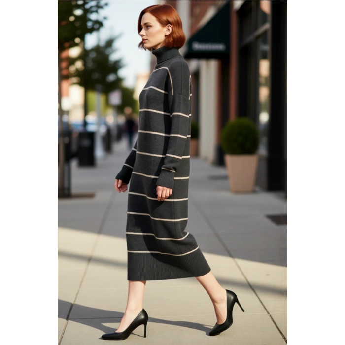 Kadın Triko Balıkçı Yaka Midi Boy Çizgili Düşük Kol Rahat Kalıp Elbise Günlük Şıklık Kaliteli