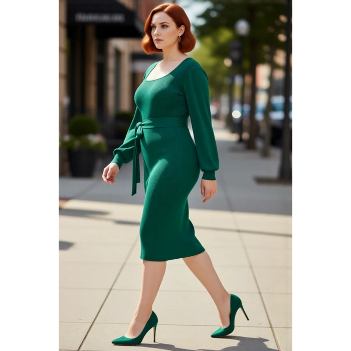 Kadın Triko Bodycon Kalıp Midi Elbise Kare Yaka Balon Kol Detaylı Kuşaklı Şık Tasarım Kaliteli