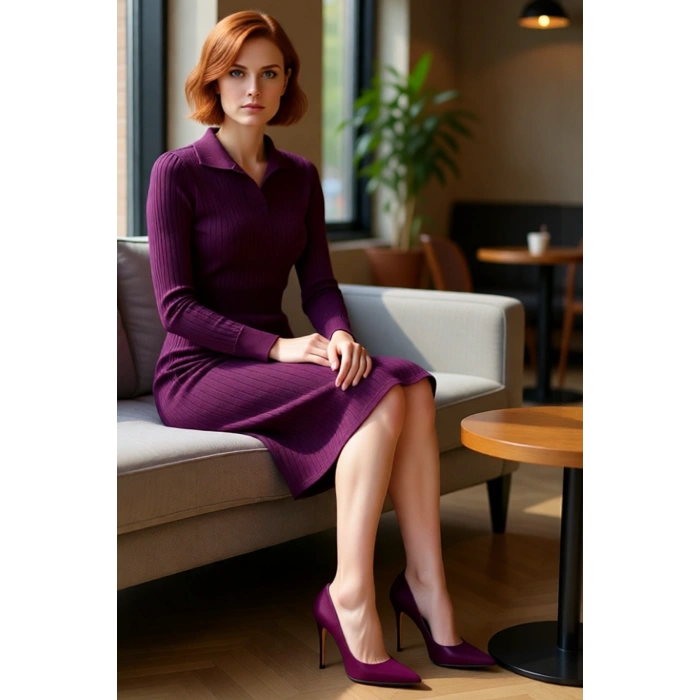 Kadın Triko Bodycon Midi Uzun Kol Polo Yaka Düz Elbise Şık ve Konforlu Kışlık Günlük Giyim