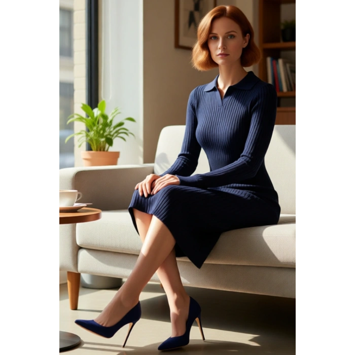 Kadın Triko Bodycon Midi Uzun Kol Polo Yaka Düz Elbise Şık ve Konforlu Kışlık Günlük Giyim