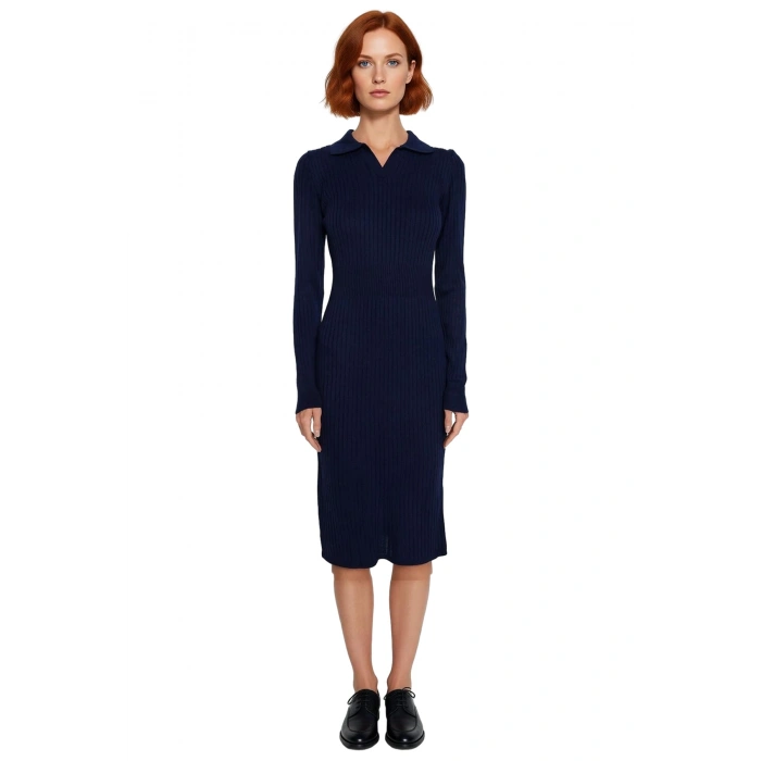 Kadın Triko Bodycon Midi Uzun Kol Polo Yaka Düz Elbise Şık ve Modern Kış Giyimi Rahat Kullanım