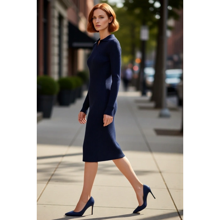 Kadın Triko Bodycon Midi Uzun Kol Polo Yaka Düz Elbise Şık ve Modern Kış Giyimi Rahat Kullanım