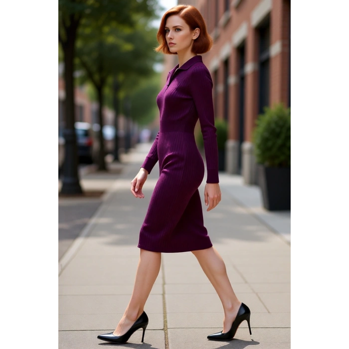 Kadın Triko Bodycon Midi Uzun Kol Polo Yaka Düz Elbise Şık ve Modern Kış Giyimi Rahat Kullanım