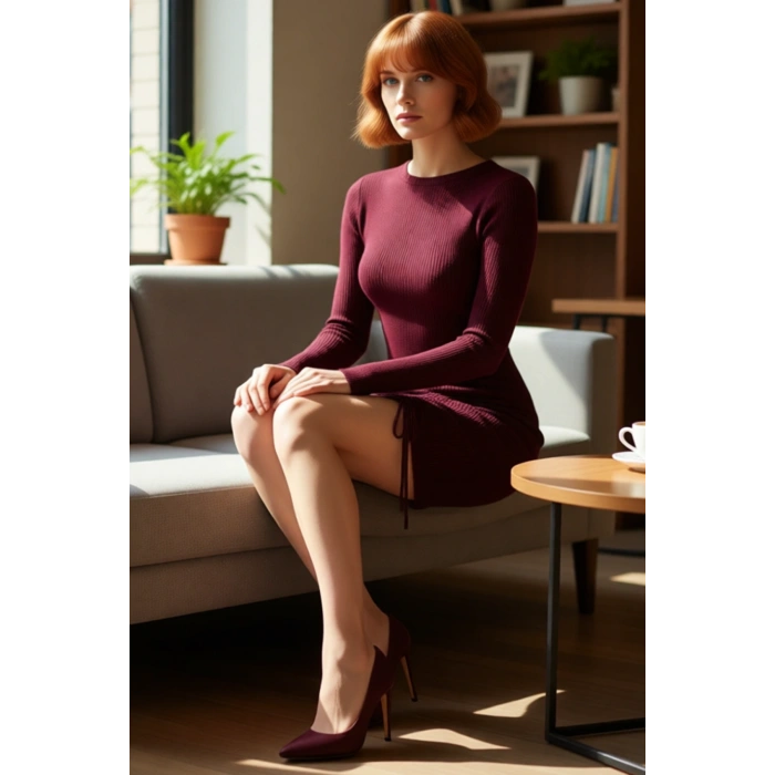 Kadın Triko Bodycon Uzun Kollu Büzgü Detaylı Mini Elbise İlkbahar Sonbahar Şık Görünüm Kaliteli