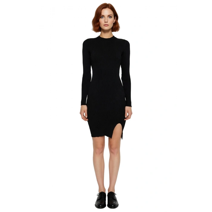 Kadın Triko Bodycon Uzun Kollu Mini Elbise Bisiklet Yaka Tasarım İlkbahar Sonbahar Şıklığı