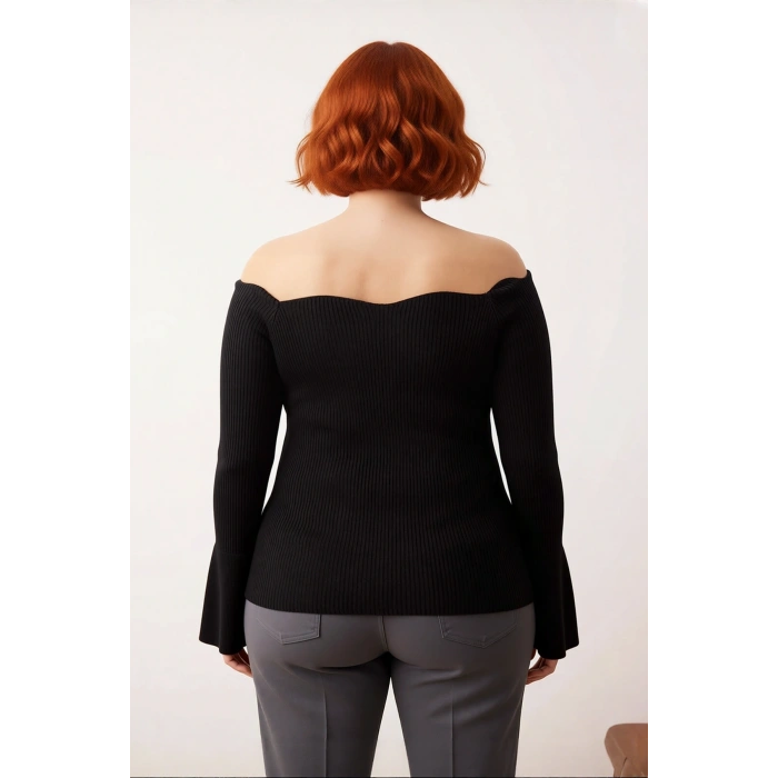 Kadın Triko Carmen Yaka Kazak Fitted Kalıp Fitilli Dokuma Uzun Reglan Kol Şık Bodycone Tasarım