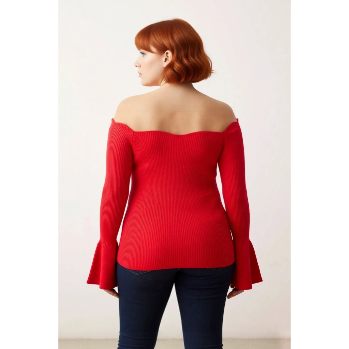 Kadın Triko Carmen Yaka Kazak Fitted Kalıp Fitilli Dokuma Uzun Reglan Kol Şık Bodycone Tasarım