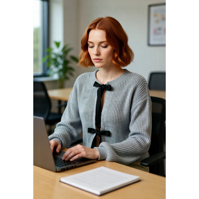 Kadın Triko Çift Taraflı Kurdeleli Crop Kesim Regular Kalıp Düşük Kol Selanik Örgü Akrilik Kazak
