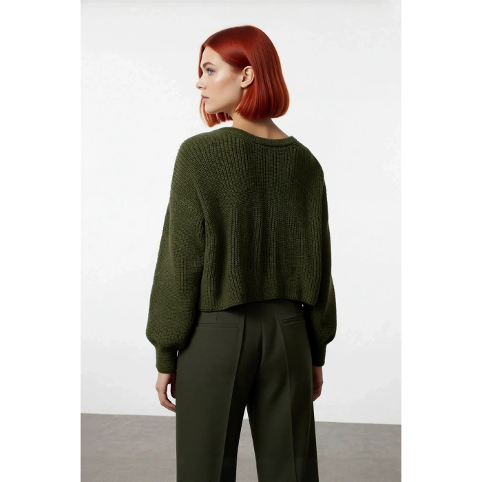 Kadın Triko Çift Taraflı Kurdeleli Crop Kesim Regular Kalıp Düşük Kol Selanik Örgü Akrilik Kazak