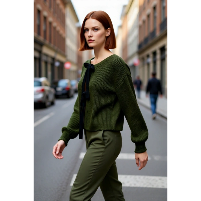 Kadın Triko Çift Taraflı Kurdeleli Crop Kesim Regular Kalıp Düşük Kol Selanik Örgü Akrilik Kazak