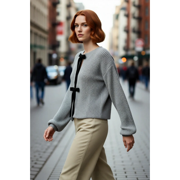 Kadın Triko Çift Taraflı Kurdeleli Crop Kesim Regular Kalıp Düşük Kol Selanik Örgü Akrilik Kazak