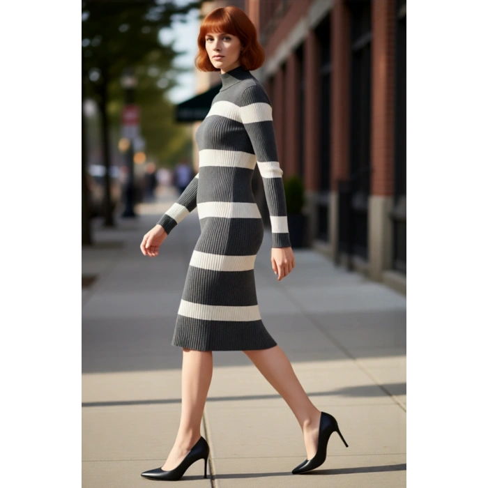 Kadın Triko Çizgili Bodycon Midi Elbise Dik Yaka Uzun Standart Kol Akrilik Rahat Şık Tasarım