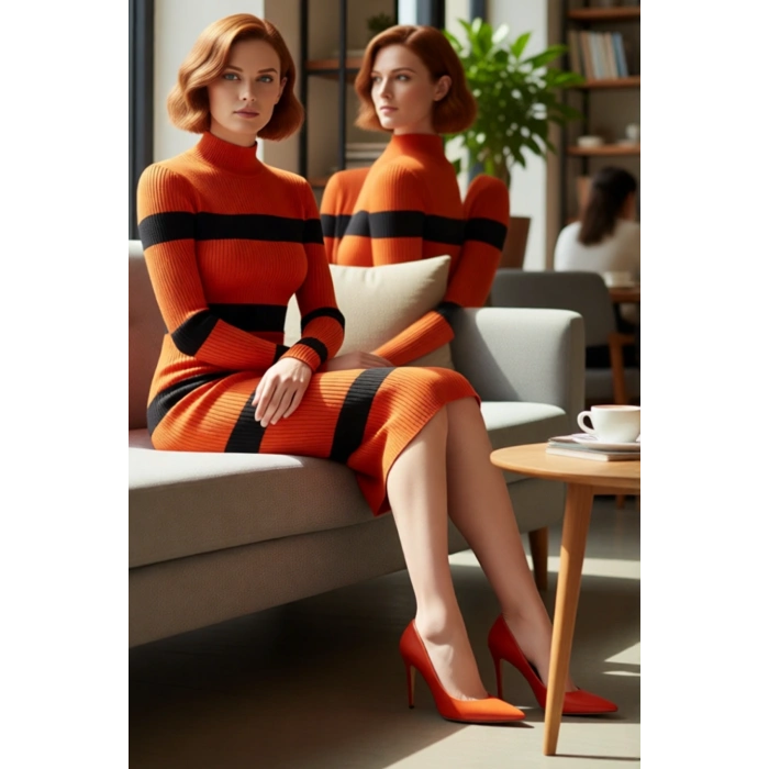 Kadın Triko Çizgili Bodycon Midi Elbise Dik Yaka Uzun Standart Kol Akrilik Rahat Şık Tasarım