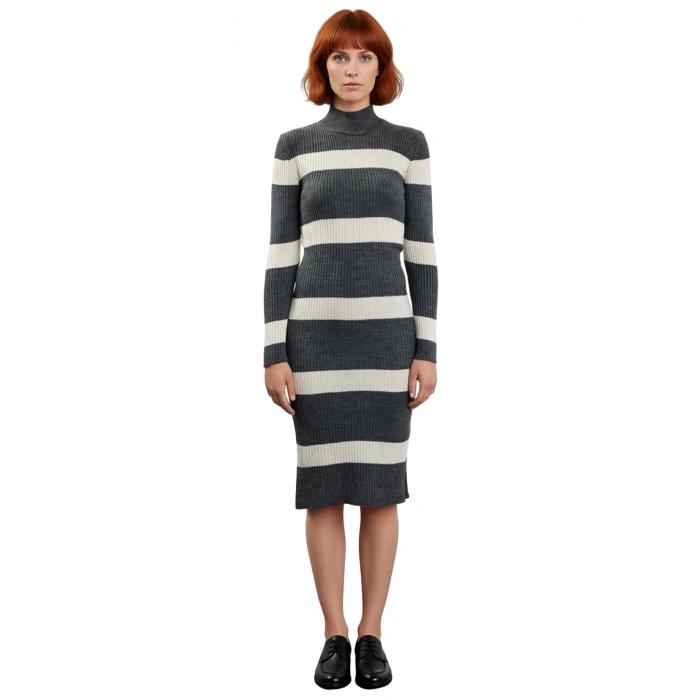 Kadın Triko Çizgili Bodycon Midi Elbise Dik Yaka Uzun Standart Kol Akrilik Rahat Şık Tasarım