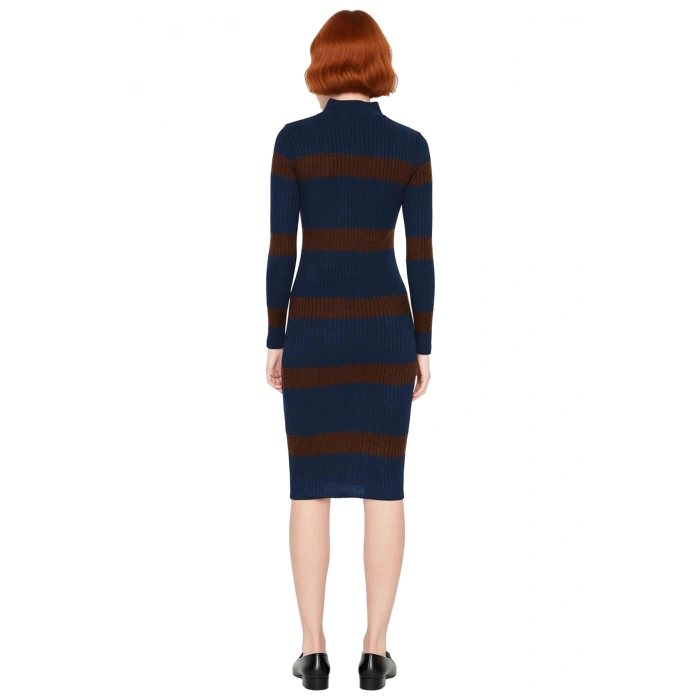 Kadın Triko Çizgili Bodycon Midi Elbise Dik Yaka Uzun Standart Kol Akrilik Rahat Şık Tasarım