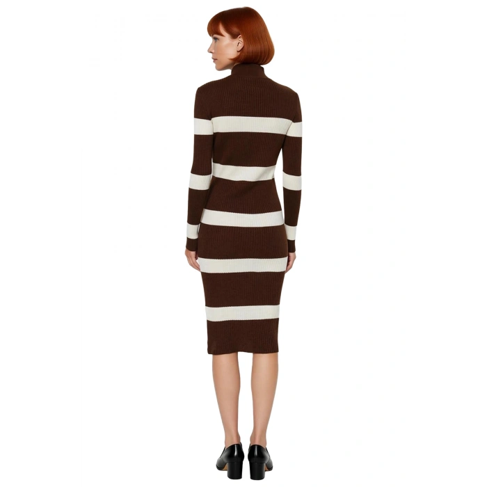 Kadın Triko Çizgili Bodycon Midi Elbise Dik Yaka Uzun Standart Kol Akrilik Rahat Şık Tasarım