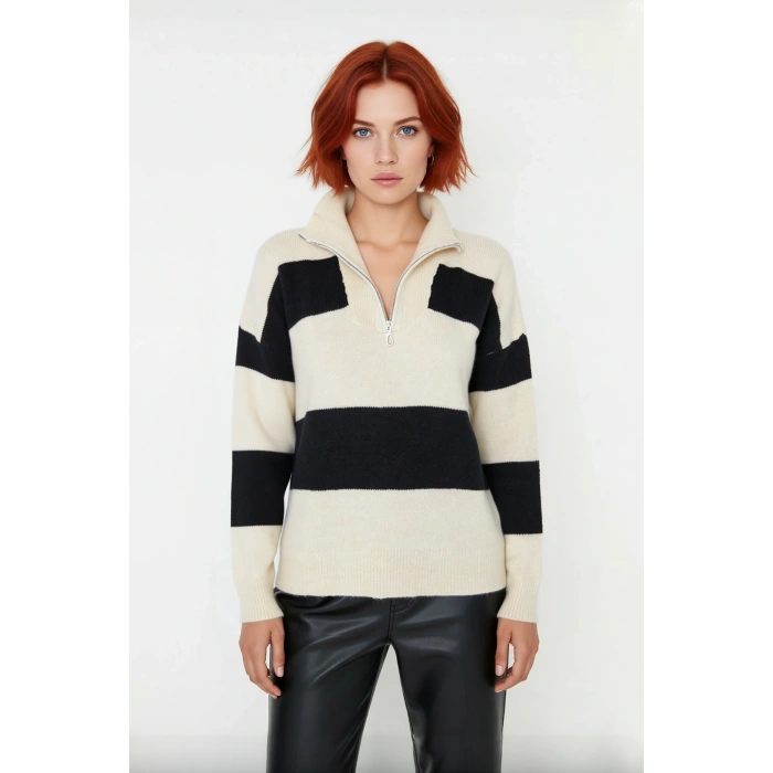 Kadın Triko Çizgili Fermuarlı Dik Yaka Oversize Kazak Konforlu Düşük Kol Kış Giyim Tarzı Kaliteli