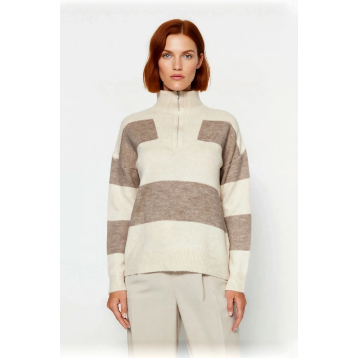 Kadın Triko Çizgili Fermuarlı Dik Yaka Oversize Kazak Konforlu Düşük Kol Kış Giyim Tarzı Kaliteli