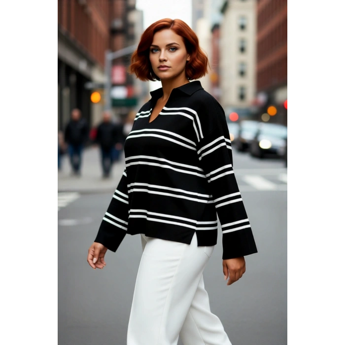 Kadın Triko Çizgili Polo Yaka Kazak Relaxed Kesimiyle Konforlu Ve Şık Bir Kış Kombini Yaratır