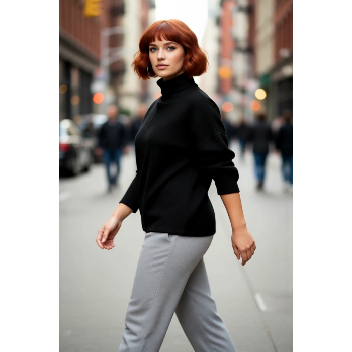 Kadın Triko Dik Yaka Düşük Kol Rahat Kalıp Büyük Beden Kışlık Kazak Günlük Şıklık İçin İdealdir