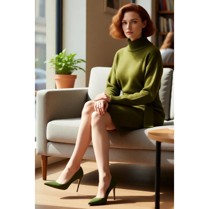 Kadın Triko Elbise Düz Desen Dik Yaka Kuşak Detaylı Düşük Kol Mini Rahat ve Şık Kışlık Giyim