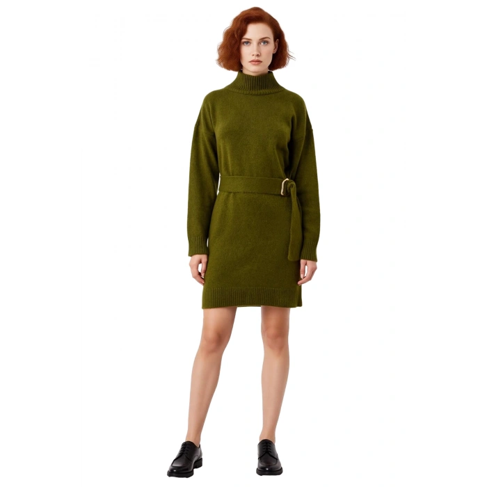 Kadın Triko Elbise Düz Desen Dik Yaka Kuşak Detaylı Düşük Kol Mini Rahat ve Şık Kışlık Giyim