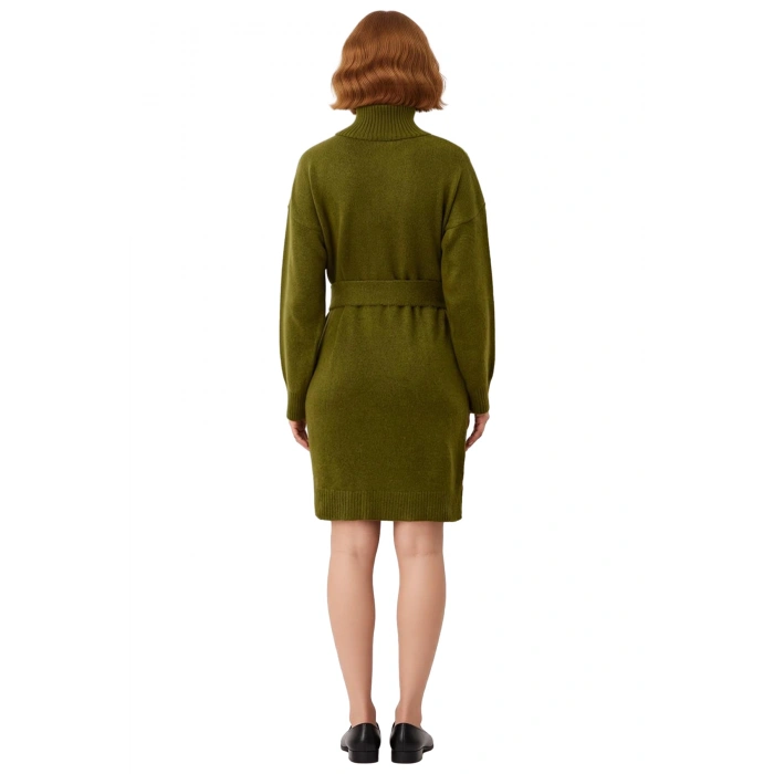 Kadın Triko Elbise Düz Desen Dik Yaka Kuşak Detaylı Düşük Kol Mini Rahat ve Şık Kışlık Giyim