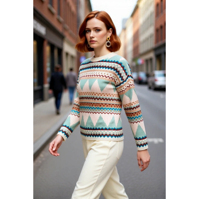 Kadın Triko Etnik Desenli Oversize Kalıp Bisiklet Yaka Uzun Kollu Günlük Şıklık Sunan Kazak