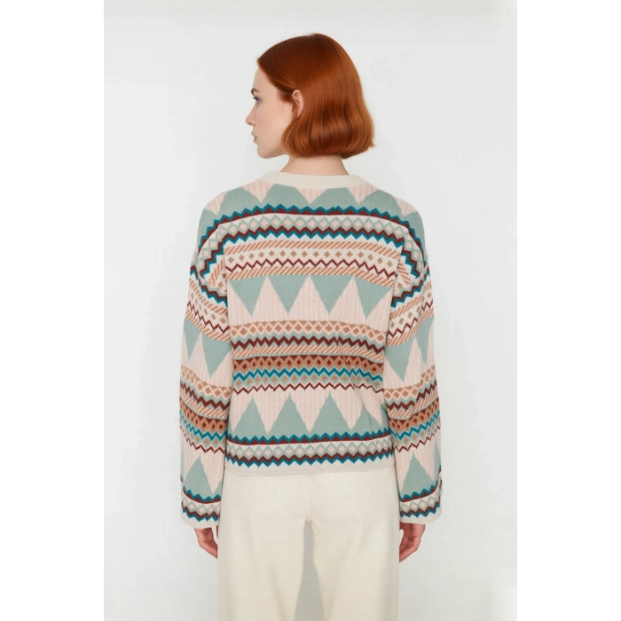 Kadın Triko Etnik Desenli Oversize Kalıp Bisiklet Yaka Uzun Kollu Günlük Şıklık Sunan Kazak