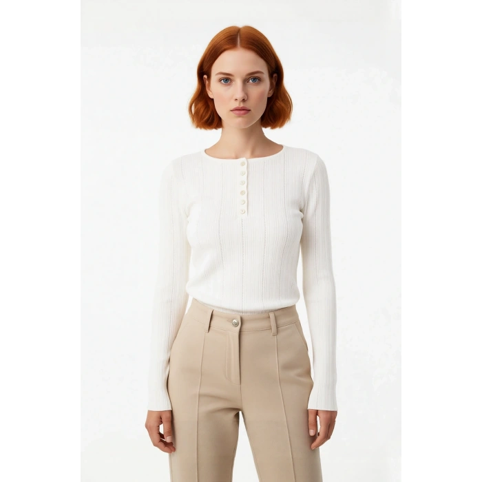 Kadın Triko Fitilli Dokuma Fitted Kalıp Uzun İspanyol Kol Kışlık Bisiklet Yaka Kazak Gündüz Gece