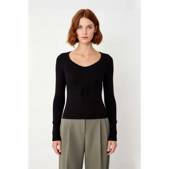 Kadın Triko Fitted Havuz Yaka İnce Dokulu Crop Model Uzun Kollu Şık İlkbahar Sonbahar Kazak