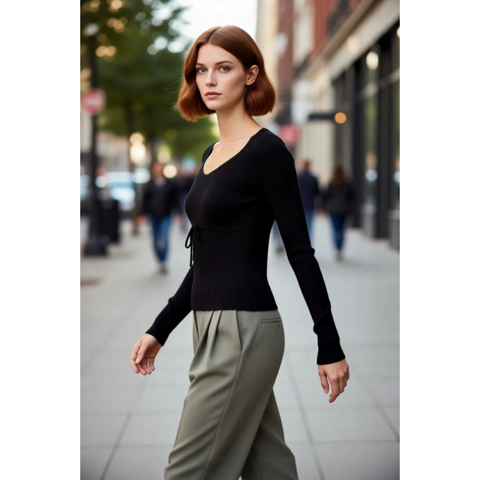 Kadın Triko Fitted Havuz Yaka İnce Yapılı Crop Kesim Bağlama Detaylı Günlük Şık Uzun Kol Kazak