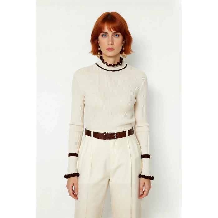 Kadın Triko Fitted Kalıp Dik Yaka Fitilli Renk Bloklu Uzun Kollu Kazak Günlük Tarzın Modern Hali