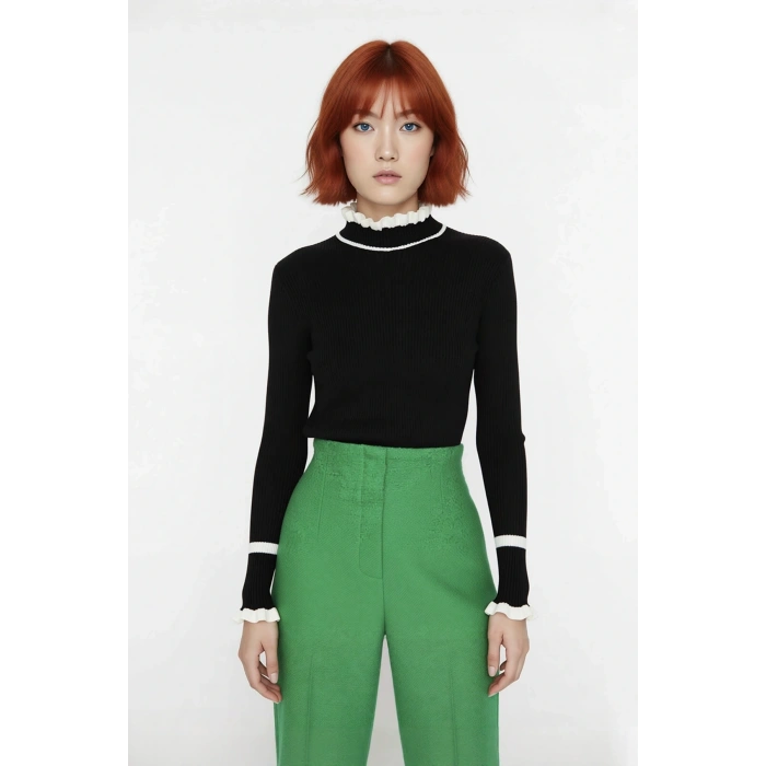 Kadın Triko Fitted Kalıp Dik Yaka Fitilli Renk Bloklu Uzun Kollu Kazak Günlük Tarzın Modern Hali