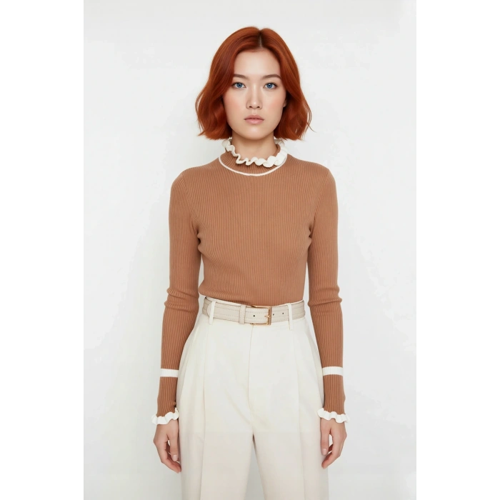 Kadın Triko Fitted Kalıp Dik Yaka Fitilli Renk Bloklu Uzun Kollu Kazak Günlük Tarzın Modern Hali